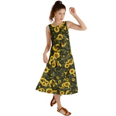 Sunflowers Yellow Flowers Flowers Digital Drawing Summer Maxi Dress by Ravend