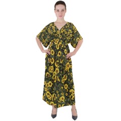 Sunflowers Yellow Flowers Flowers Digital Drawing V-neck Boho Style Maxi Dress by Ravend