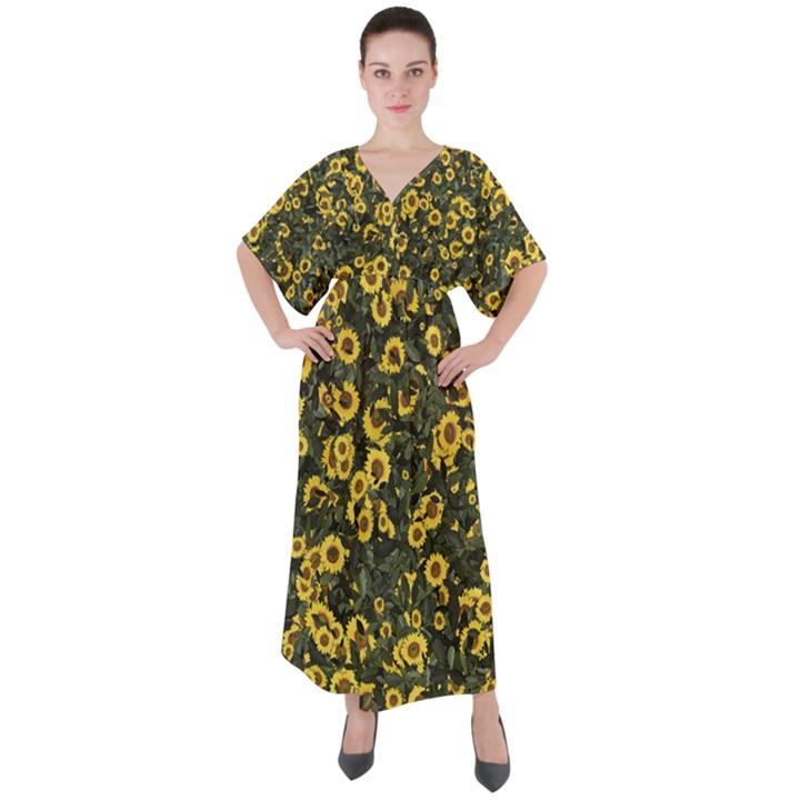 Sunflowers Yellow Flowers Flowers Digital Drawing V-Neck Boho Style Maxi Dress