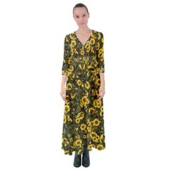 Sunflowers Yellow Flowers Flowers Digital Drawing Button Up Maxi Dress by Ravend