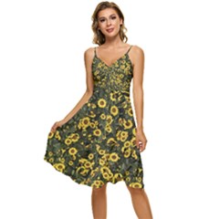 Sunflowers Yellow Flowers Flowers Digital Drawing Sleeveless Tie Front Chiffon Dress