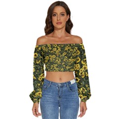 Sunflowers Yellow Flowers Flowers Digital Drawing Long Sleeve Crinkled Weave Crop Top