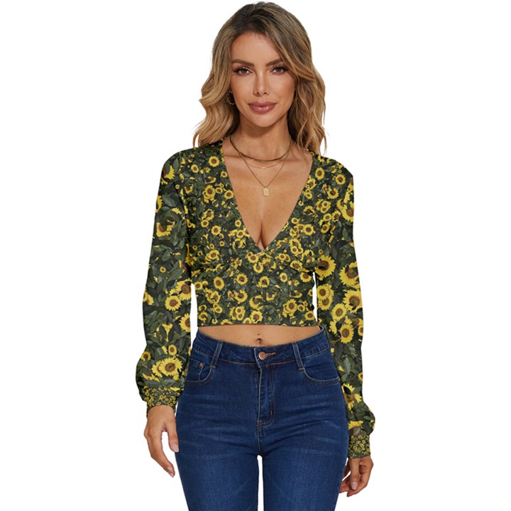 Sunflowers Yellow Flowers Flowers Digital Drawing Long Sleeve Deep-V Velour Top