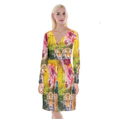 Rainbow Painted Nature Bigcat Long Sleeve Velvet Front Wrap Dress by Sparkle