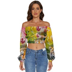 Rainbow Painted Nature Bigcat Long Sleeve Crinkled Weave Crop Top