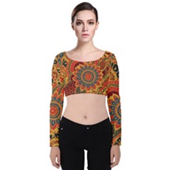 Bright Seamless Pattern-with-paisley-mehndi-elements-hand-drawn-wallpaper-with-floral-traditional-in Velvet Long Sleeve Crop Top by BangZart