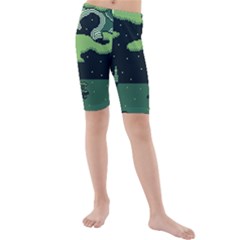 Ship Sea Monster Boat Island Night Pixel Kids  Mid Length Swim Shorts by Pakemis