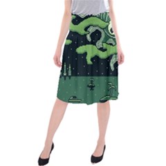 Ship Sea Monster Boat Island Night Pixel Midi Beach Skirt by Pakemis