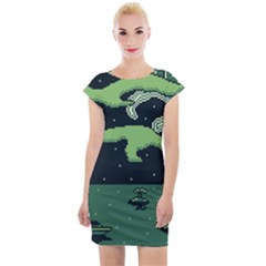 Ship Sea Monster Boat Island Night Pixel Cap Sleeve Bodycon Dress by Pakemis