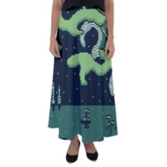 Ship Sea Monster Boat Island Night Pixel Flared Maxi Skirt by Pakemis