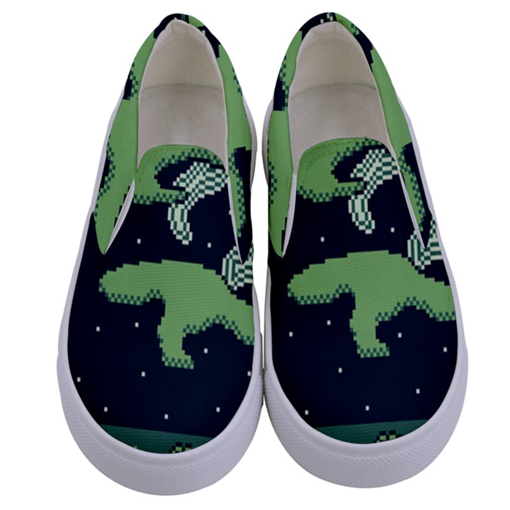 Ship Sea Monster Boat Island Night Pixel Kids  Canvas Slip Ons