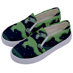 Ship Sea Monster Boat Island Night Pixel Kids  Canvas Slip Ons by Pakemis