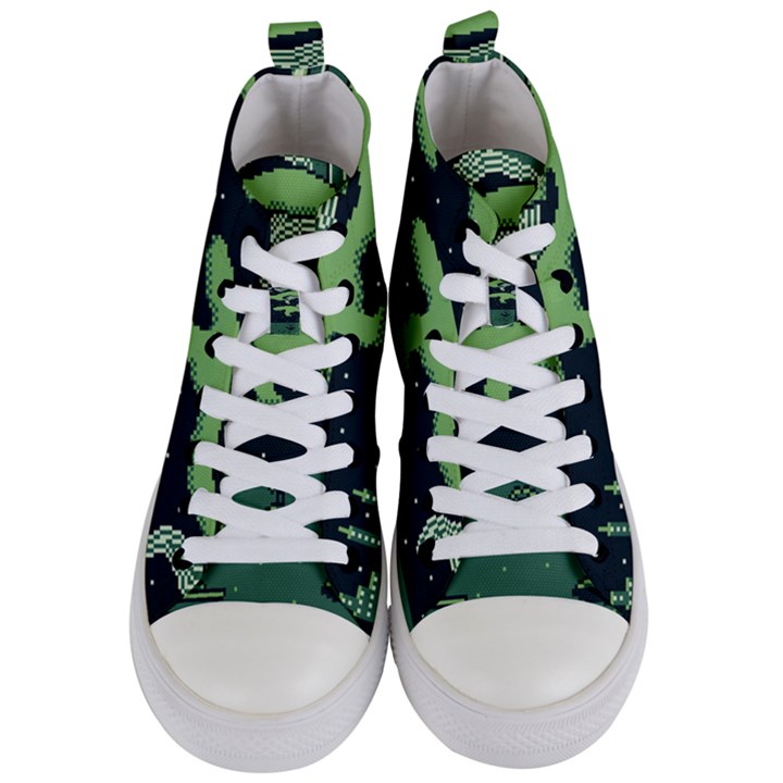 Ship Sea Monster Boat Island Night Pixel Women s Mid-Top Canvas Sneakers