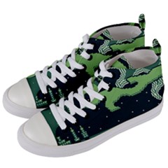 Ship Sea Monster Boat Island Night Pixel Women s Mid-top Canvas Sneakers by Pakemis