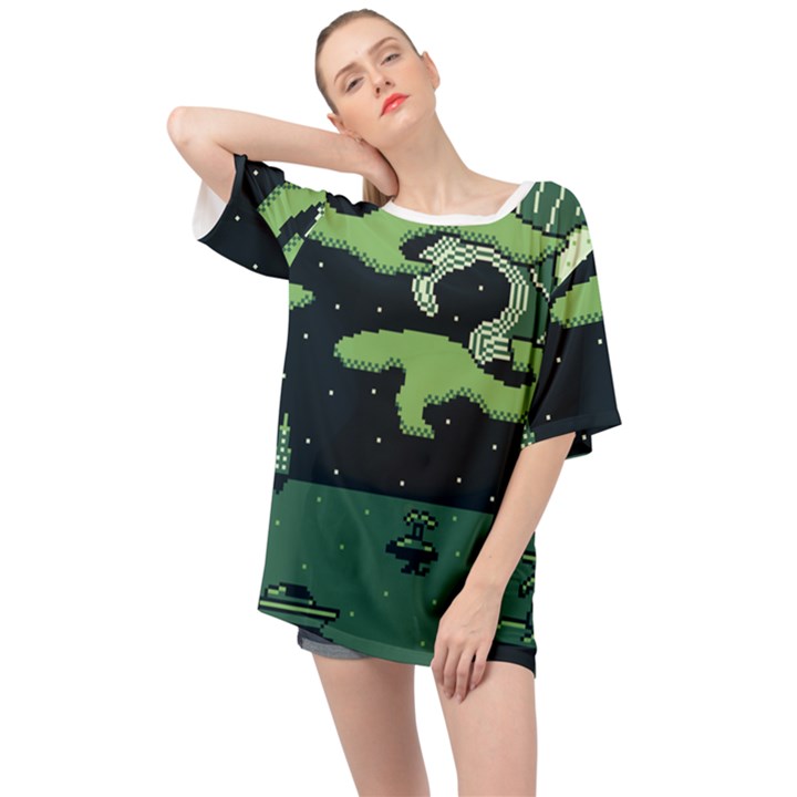 Ship Sea Monster Boat Island Night Pixel Oversized Chiffon Top