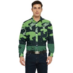 Ship Sea Monster Boat Island Night Pixel Men s Long Sleeve Pocket Shirt  by Pakemis