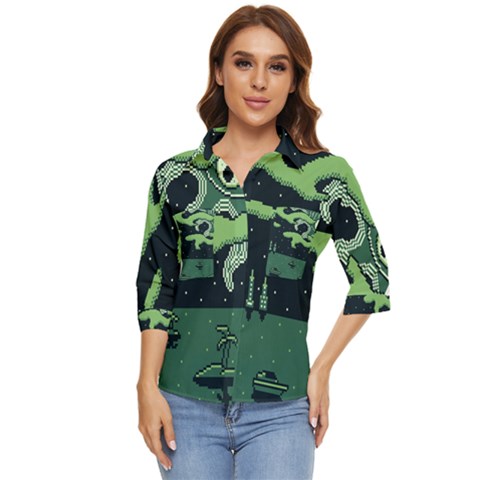 Ship Sea Monster Boat Island Night Pixel Women s Quarter Sleeve Pocket Shirt by Pakemis