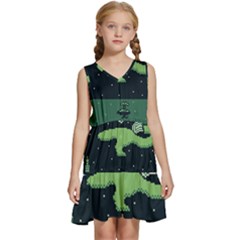 Ship Sea Monster Boat Island Night Pixel Kids  Sleeveless Tiered Mini Dress by Pakemis