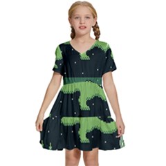 Ship Sea Monster Boat Island Night Pixel Kids  Short Sleeve Tiered Mini Dress by Pakemis