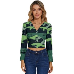 Ship Sea Monster Boat Island Night Pixel Long Sleeve V-neck Top by Pakemis