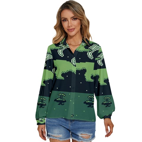 Ship Sea Monster Boat Island Night Pixel Women s Long Sleeve Button Down Shirt by Pakemis