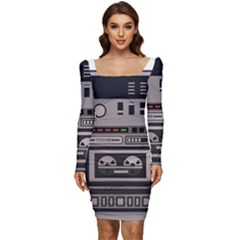 Cassette Recorder 80s Music Stereo Women Long Sleeve Ruched Stretch Jersey Dress by Pakemis