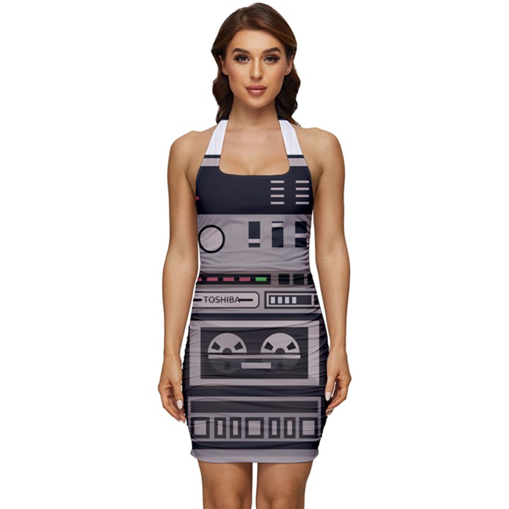 Cassette Recorder 80s Music Stereo Sleeveless Wide Square Neckline Ruched Bodycon Dress