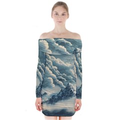 Mountains Alps Nature Clouds Sky Fresh Air Art Long Sleeve Off Shoulder Dress by Pakemis