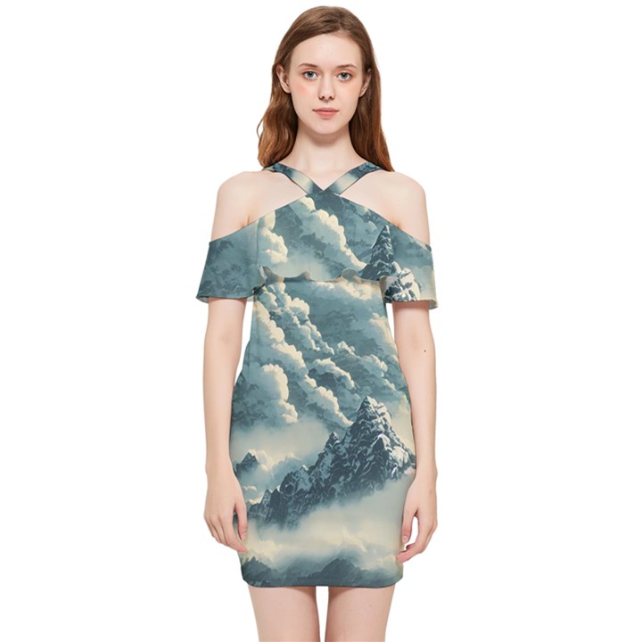 Mountains Alps Nature Clouds Sky Fresh Air Art Shoulder Frill Bodycon Summer Dress