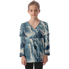 Mountains Alps Nature Clouds Sky Fresh Air Art Kids  V Neck Casual Top