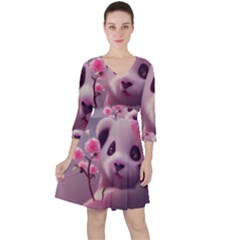 Panda Endangered Protected Bamboo National Treasure Quarter Sleeve Ruffle Waist Dress by Pakemis