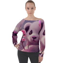 Panda Endangered Protected Bamboo National Treasure Off Shoulder Long Sleeve Velour Top by Pakemis