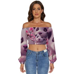 Panda Endangered Protected Bamboo National Treasure Long Sleeve Crinkled Weave Crop Top by Pakemis