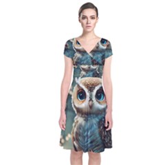 Owl Bird Bird Of Prey Ornithology Animal Short Sleeve Front Wrap Dress by Pakemis