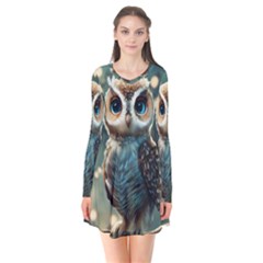 Owl Bird Bird Of Prey Ornithology Animal Long Sleeve V-neck Flare Dress by Pakemis