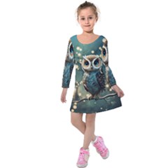 Owl Bird Bird Of Prey Ornithology Animal Kids  Long Sleeve Velvet Dress by Pakemis