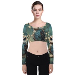 Owl Bird Bird Of Prey Ornithology Animal Velvet Long Sleeve Crop Top by Pakemis