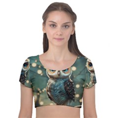 Owl Bird Bird Of Prey Ornithology Animal Velvet Short Sleeve Crop Top  by Pakemis