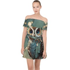 Owl Bird Bird Of Prey Ornithology Animal Off Shoulder Chiffon Dress by Pakemis