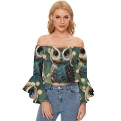 Owl Bird Bird Of Prey Ornithology Animal Off Shoulder Flutter Bell Sleeve Top by Pakemis