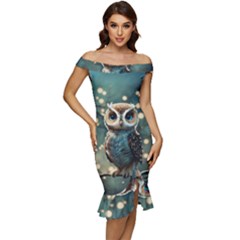 Owl Bird Bird Of Prey Ornithology Animal Off Shoulder Ruffle Split Hem Bodycon Dress by Pakemis