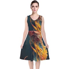 Flame Deep Sea Underwater Creature Wild V-neck Midi Sleeveless Dress  by Pakemis