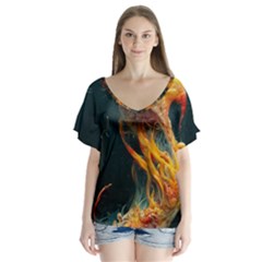 Flame Deep Sea Underwater Creature Wild V-neck Flutter Sleeve Top by Pakemis