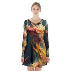 Flame Deep Sea Underwater Creature Wild Long Sleeve Velvet V-neck Dress by Pakemis