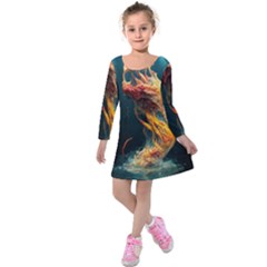 Flame Deep Sea Underwater Creature Wild Kids  Long Sleeve Velvet Dress by Pakemis