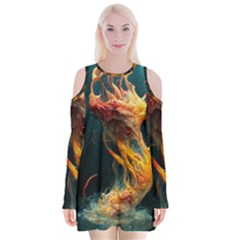 Flame Deep Sea Underwater Creature Wild Velvet Long Sleeve Shoulder Cutout Dress by Pakemis