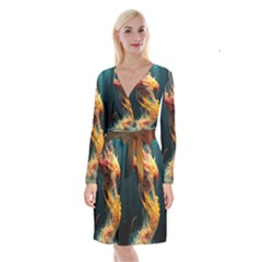 Flame Deep Sea Underwater Creature Wild Long Sleeve Velvet Front Wrap Dress by Pakemis