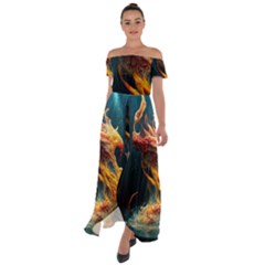 Flame Deep Sea Underwater Creature Wild Off Shoulder Open Front Chiffon Dress by Pakemis