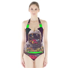 Astronaut Universe Planting Flowers Cosmos Jpg Halter Swimsuit