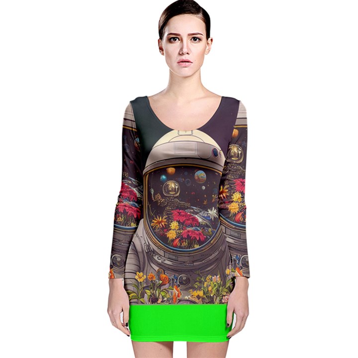 Astronaut Universe Planting Flowers Cosmos Jpg Long Sleeve Velvet Bodycon Dress